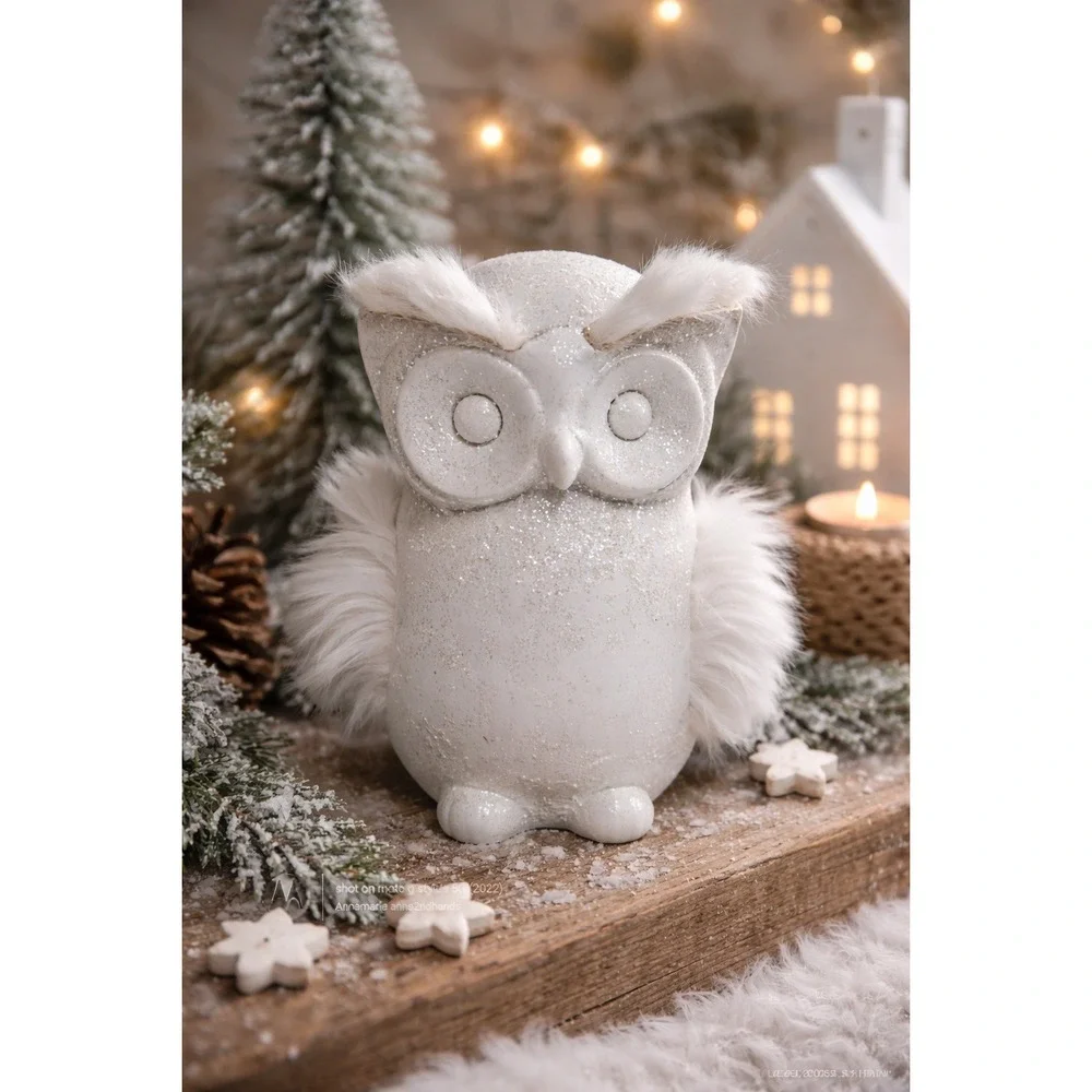 White Winter Owl Figurine with Faux Fur Wings‎ Farmhouse Woodland Decor